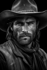 Black and white portrait of a bearded cowboy with hat. Western movie style.