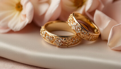 Two elegant  gold rings on a background of beautiful flowers - obrazy, fototapety, plakaty