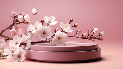Obraz na płótnie Canvas 3d spring floral scene with podium display on pink