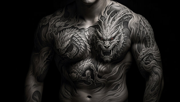 Tattooed man with a dragon on his body over black background
