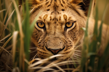 A shot of a big cat, such as a lion or cheetah, crouching in the grass, exuding anticipation and...