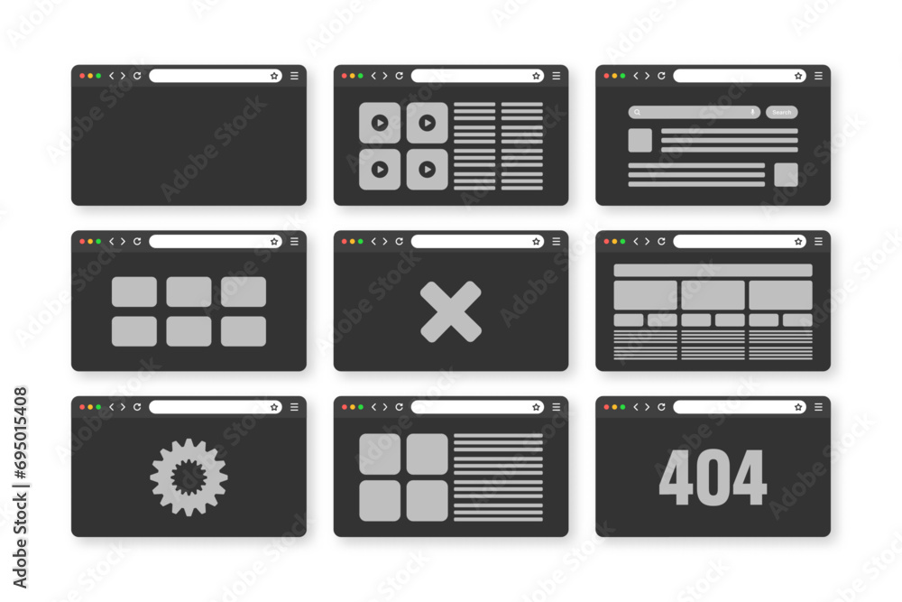 Poster web browser window, pages layout with toolbar and search field. modern website, internet page in fla