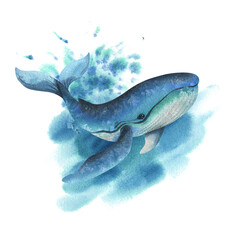 Underwater world clipart with sea animals whale, turtle, octopus, seahorse, starfish, shells, coral and algae. Hand drawn watercolor illustration. Isolated composition on a white background.