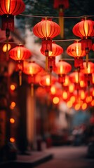 A vibrant display of red lanterns hanging above a street, creating a festive and welcoming atmosphere. The focus on the glowing lanterns in the foreground against a softly blurred background captures
