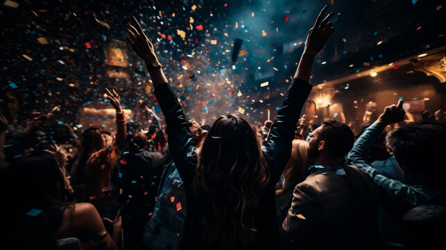 Crowd cheering at a music festival in a nightclub with hands raised