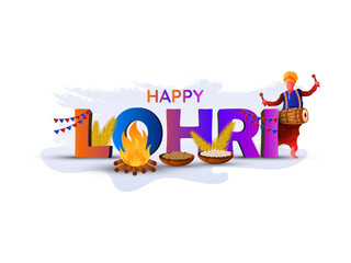 Typograpghy Illustration of Happy Lohri and Baishakhi Holiday Bonfire with Dhol  and Dancing Man