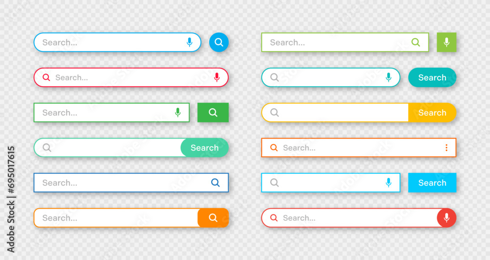 Poster Colorful search bar templates. Internet browser engine with search box, address bar and text field. UI design, website interface element with web icons and push button. Vector illustration