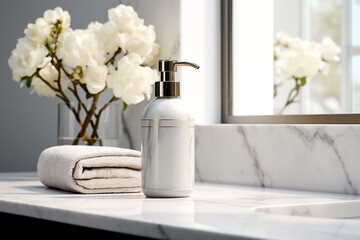 A blank hand wash bottle on a black and golden marble in the luxurious bathroom with leaves . AI
