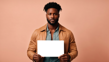 handsome african american man holding blank paper isolated on beige