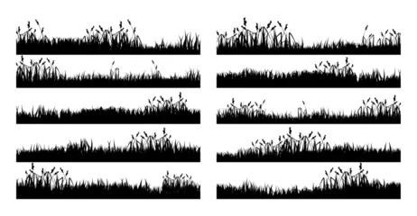 Tragetasche Meadow silhouettes with grass, plants on plain. Panoramic summer lawn landscape with herbs, various weeds. Herbal border, frame element. Black horizontal banners. Vector illustration © 32 pixels