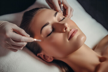 Obraz na płótnie Canvas Symbolic Image of a Botox Treatment on a Woman's Face Wallpaper Background Backdrop Digital Art Cover Magazine 