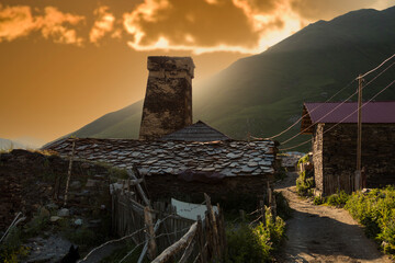 Georgia Svaneti Ushguli view on a sunny autumn day
