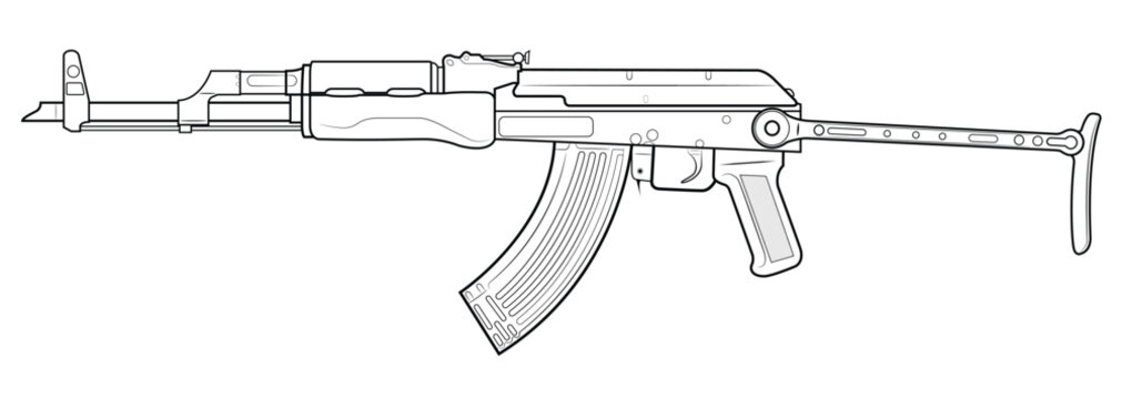 Vector illustration of soviet AK47 assault carbine with unfolded steel stock. Left side.