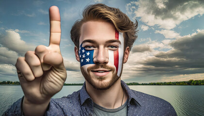Man holding up finger for number with a face painted with American flag colors - we are all Americans - obrazy, fototapety, plakaty