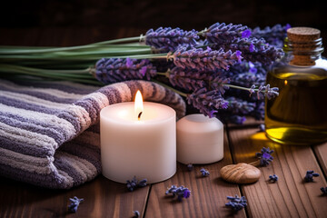 Obraz na płótnie Canvas relaxing lavender aromatherapy,still life of folded towels,oil,candles and lavender twigs,on a wooden base,spa industry concept
