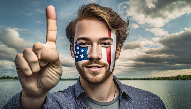 Man holding up finger for number with a face painted with American flag colors - we are all Americans