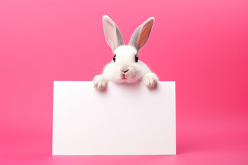 a charming white rabbit holds in its paws a white sheet of paper with a place for text,on a monochrome bright pink background,a mockup for an advertising banner,a creative advertising concept