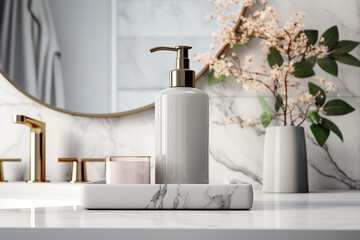 Fototapeta na wymiar A blank hand wash bottle on a black and golden marble in the luxurious bathroom with leaves . AI