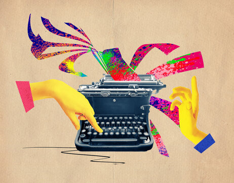 Pop art collage. Female hand typing on retro typewriter over creative design background.