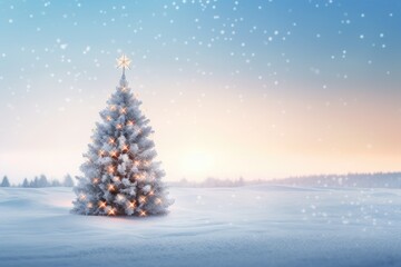 Lone lighted Christmas tree in white snowy landscape