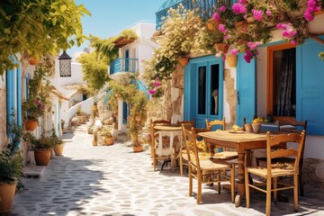 Fototapeta na wymiar Greek culture with traditional white and blue greek architecture, taverna