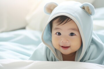 Cute little Asian baby lying on bed at home 