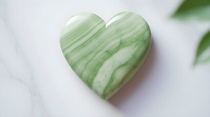Top View of a light green Heart on a white Marble Background. Romantic Backdrop with Copy Space