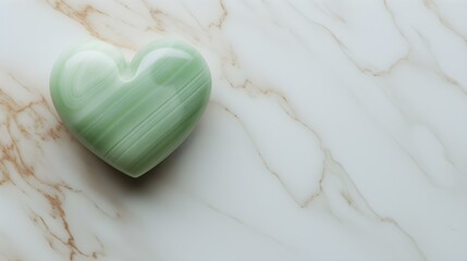 Top View of a light green Heart on a white Marble Background. Romantic Backdrop with Copy Space