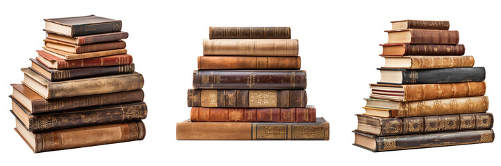 Set of pile of old books collection isolated on a white or transparent background