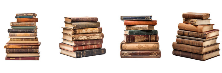 Set of pile of old books collection isolated on a white or transparent background