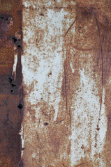 Old light blue grey painted rusty brown rustic iron metal plate background texture, vertical aged damaged weathered scratched punctured plain paint pattern, grunge textured copy space macro closeup