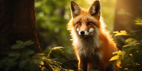 Obraz premium In the forest's hush, a fox's gaze captures the fading light.