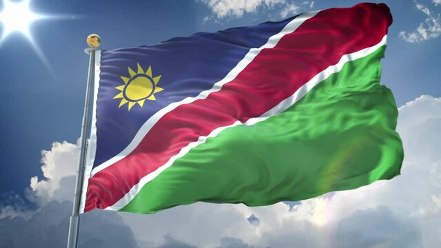 Namibia animated flag in the wind with blue sky