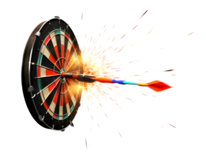 Bullseye Explosion: A fiery dart explodes on impact with a classic dartboard, symbolizing precision, focus, and the thrill of hitting your mark, isolated on transparent background, cut out, png