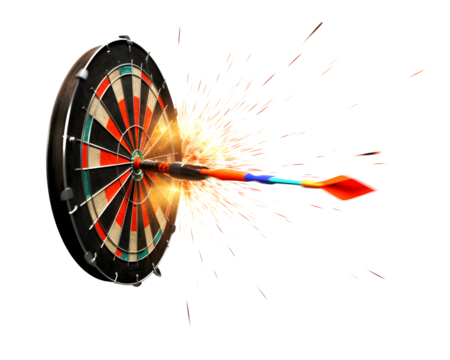 Bullseye Explosion: A fiery dart explodes on impact with a classic dartboard, symbolizing precision, focus, and the thrill of hitting your mark, isolated on transparent background, cut out, png