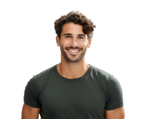 Young handsome man with beard, happy face smiling looking at the camera, positive person isolated on transparent background, cut out, png