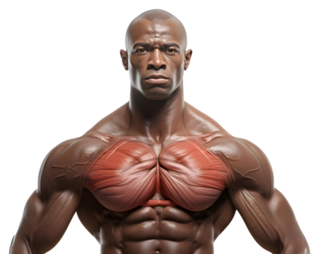 Chest pain concept, Portrait of man bodybuilder isolated on transparent background, cut out, png
