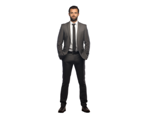 Business man with beard, people and office concept, full body businessman in dark suit isolated on transparent background, cut out, png