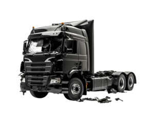 Truck head has been involved in a road accident, broken down black truck, isolated on transparent background, cut out, png