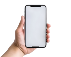 Woman holding mobile phone in hand isolated on transparent background, cut out, png