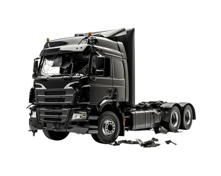 Truck head has been involved in a road accident, broken down black truck, isolated on transparent background, cut out, png