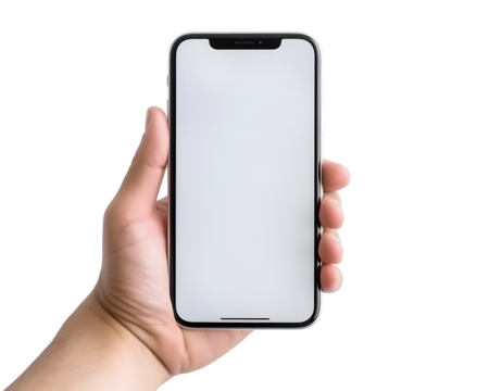Woman holding mobile phone in hand isolated on transparent background, cut out, png