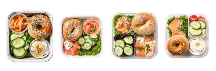 Set of smoked wild salmon, hard boiled egg, cucumbers, mini whole wheat bagel, cream cheese with Lunch box top view on a transparent background