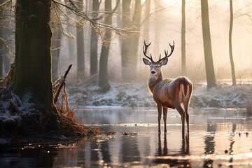 Hirsch im Wald auf einer Lichtung im Winter. Lichtstrahlen der Morgen oder Abendsonne scheinen andächtig auf das Wild mit Geweih. Reh oder Hirschbock guckt in die Kamera.