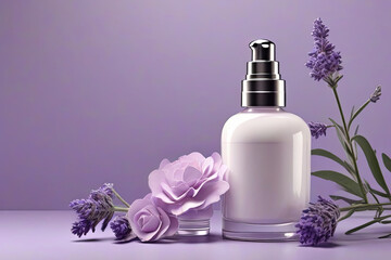 Obraz na płótnie Canvas 3D facial repair creams Dropper bottle glass jar on elegant lavender stage with paper cut flowers