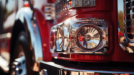 The chrome Fire truck parts shining in the sun - obrazy, fototapety, plakaty