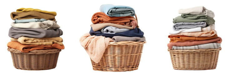 Set of stack of clean clothes with clean laundry isolated on white or transparent background