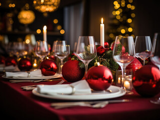 christmas table setting with red ball 