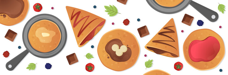 Bannière pour la Chandeleur - Fête des crêpes - Ensemble de crêpes sucrées garnies de chocolat, beurre ou confiture - Poêle, fruits et ingrédients. Ensemble festif et gourmand pour célébrer les crêpes
