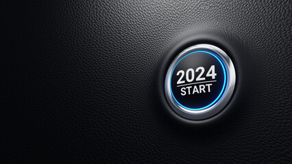 2024 start push button. Planning, start, career path, business strategy, opportunity and change concept.  2024 start modern car button with blue shine. 3d illustration - obrazy, fototapety, plakaty